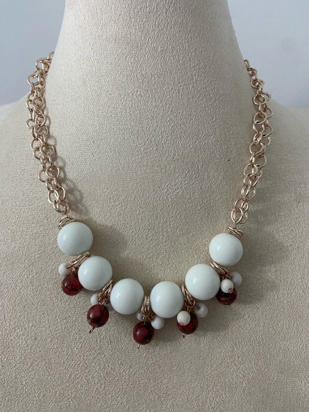 white bead necklace rose gold tone